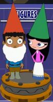 Isabella and Baljeet as Gnome statues