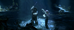 Jack and Barbossa fighting.