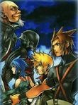 Imagen del Maestro Xehanort y los personajes principales de Birth by Sleep.