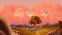 Mufasa contemplating the Tree of Life with Janna, Askari and the kings of the past, happy that his grandson has become its king.