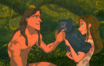 Jane and Tarzan play with a baby gorilla