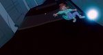 Jenny getting trapped on the hood of Sykes' car after colliding with Fagin's scooter