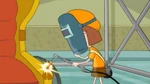 Gretchen doing some welding on the time machine to help Phineas, Ferb, and Candace escape prehistoric times