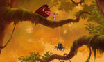 Timon tries to sic a spider between Simba and Nala.