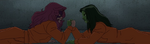 Titania arm wrestling with She-Hulk AOS