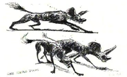 Concept artwork of the cape dogs who would eventually become Shenzi, Banzai, and Ed