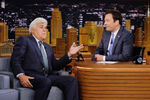 Jay Leno visits current Tonight Show host Jimmy Fallon in June 2016.