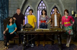 The fourth season main cast (L-R):  as Theresa Russo,  as Jerry Russo,  as Max Russo,  as Alex Russo,  as Justin Russo, and  as Harper Finkle.