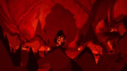 Scar is surrounded by the hyenas for attempting to betray them, seconds before his death.