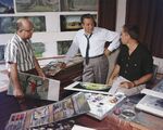 Disney with McLaren Stewart and Eyvind Earle during a Saturday Evening Post photoshoot, c. fall 1956.