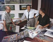 McLaren Stewart, Eyvind Earle, and Walt Disney during a Saturday Evening Post photoshoot, c. fall 1956.