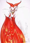 Early concept art of Hades with red horn-like hair, a red cloak and a thin mustache by Gerald Scarfe.