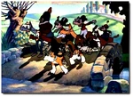 Mickey, Minnie, Horace Horsecollar, and Clara Cluck cheering for Donald catching the fox (The Fox Hunt)