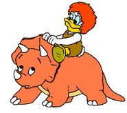 Tootsie being ridden by Bubba the Cave Duck.