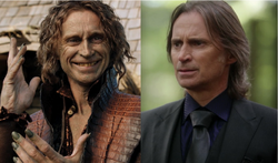 Rumplestiltskin as the Dark One in the Enchanted Forest (left); and as Mr. Gold in Storybrooke (right).