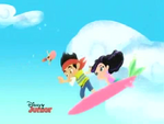 Marina and Jake riding on the flying surfboard in "Surfin' Turf".