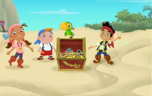 Jake and his crew standing around the Team treasure chest