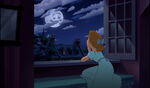 Young Wendy looking at the flying ship from her window.