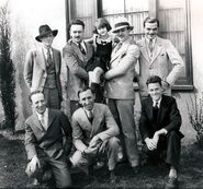 Top row: Walker Harman, Ub Iwerks, Lois Hardwick, Walt Disney, Rudolf Ising Bottom row: Friz Freleng, Roy O. Disney, Harman