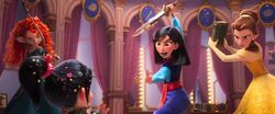 Merida, Mulan, and Belle prepare to attack Vanellope