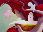 Mother Pegasus in her nest being watched by her pink and blue offspring