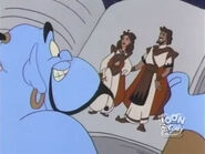 Genie reading about Queen Deluca and King Zahbar in the pages of a large book.