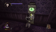 Zeke saving the game at a grandfather clock