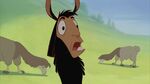 Kuzco stares in disbelief as he sees Pacha chatting with two llamas.