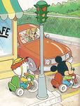 Baby Gyro and Baby Mickey Mouse riding their tricycles