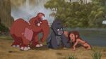 Tarzan showing Terk and Tantor the elephant hair he got.