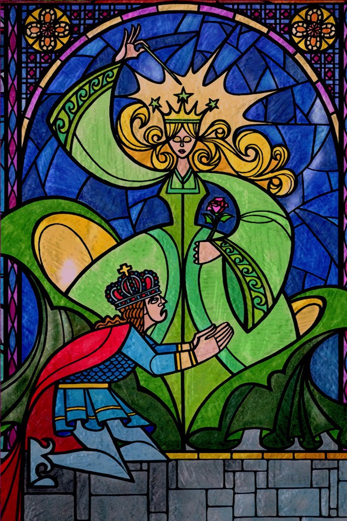 Disney Stain Glass Window Of The Three Fairy Godmothers Stock