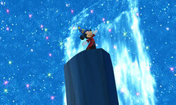 Mickey as he appears in his iconic scene as the Sorcerer's Apprentice, recreated in Kingdom Hearts 3D: Dream Drop Distance.
