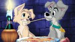 Angel and Scamp eating spaghetti