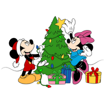 Minnie y Mickey decorando un árbol de navidad.