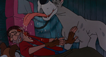 Einstein licking Fagin again to show his affection in return for Fagin's gratitude