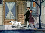 Pongo, Perdita, Roger & Anita walking by their house