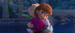 Anna hugging Elsa as she glances at Kristoff