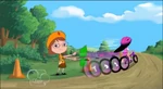 Gretchen showing the way for the Tour de Ferb race while Isabella races past