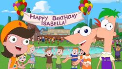 Phineas and the gang revealing Isabella's birthday party.