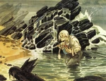 A concept painting of Geppetto recovering Pinocchio's unconscious body by Gustaf Tenggren.