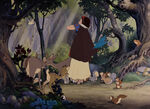 The animals leading Snow White into the woods.