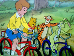 Pooh Tigger Rabbit and Christopher Robin on bikes