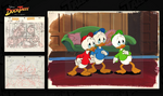 Storyboard to cel of Huey, Dewey, and Louie.