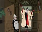 Nanny opening the door to Cruella, barging in