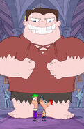 Phineas and Ferb in front of the game's final boss - Giant Buford.