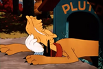 Glove petting and scratching Pluto's chin