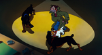 Roscoe and DeSoto surrounding Fagin, Oliver, and Dodger