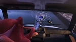 Hank and Dory scream as they drive the truck off a cliff towards the ocean.