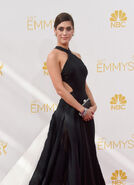 Lizzy Caplan arrives at the 66th annual Emmy Awards in August 2014.