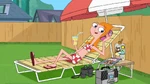 Candace talking on the phone in a red swimsuit